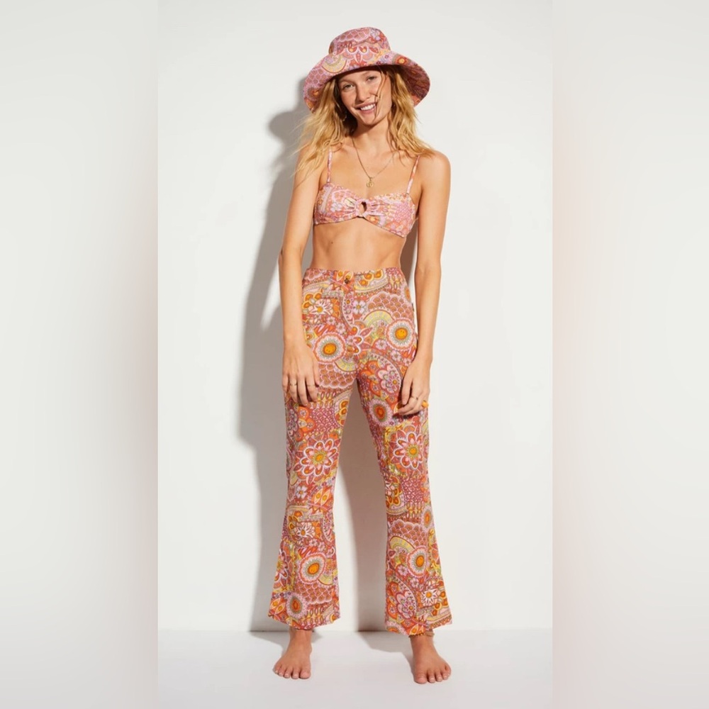 BILLABONG X Smiley Size 26 Linen So Trippy Printed Flare-Leg Hippie Pants NWT